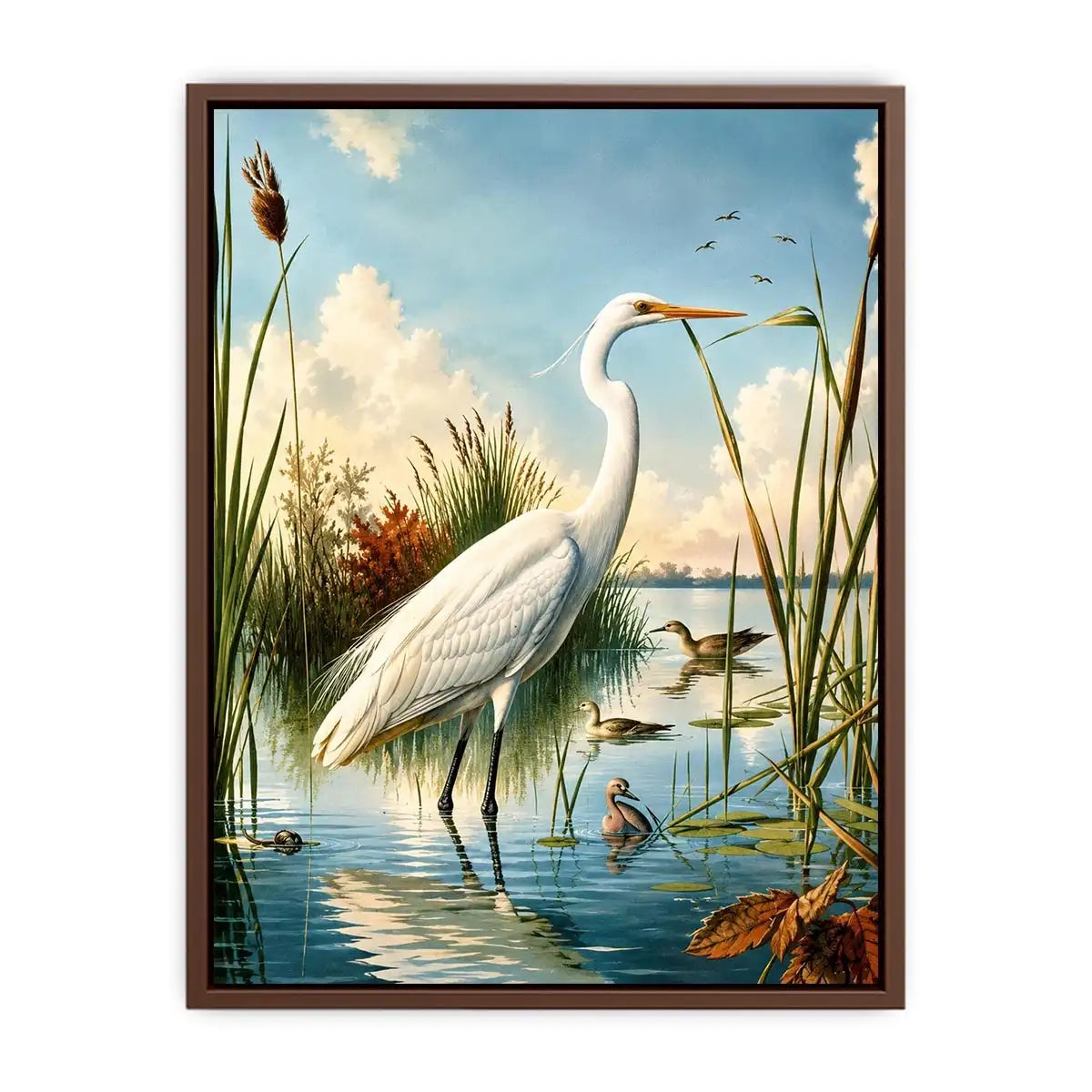 Vintage white heron standing in tranquil marshland with soft blue sky and reeds coastal bird wall art canvas