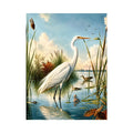 Vintage white heron standing in tranquil marshland with soft blue sky and reeds coastal bird wall art canvas