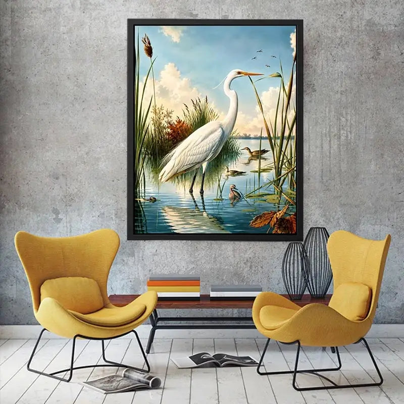 Vintage white heron standing in tranquil marshland with soft blue sky and reeds coastal bird wall art canvas