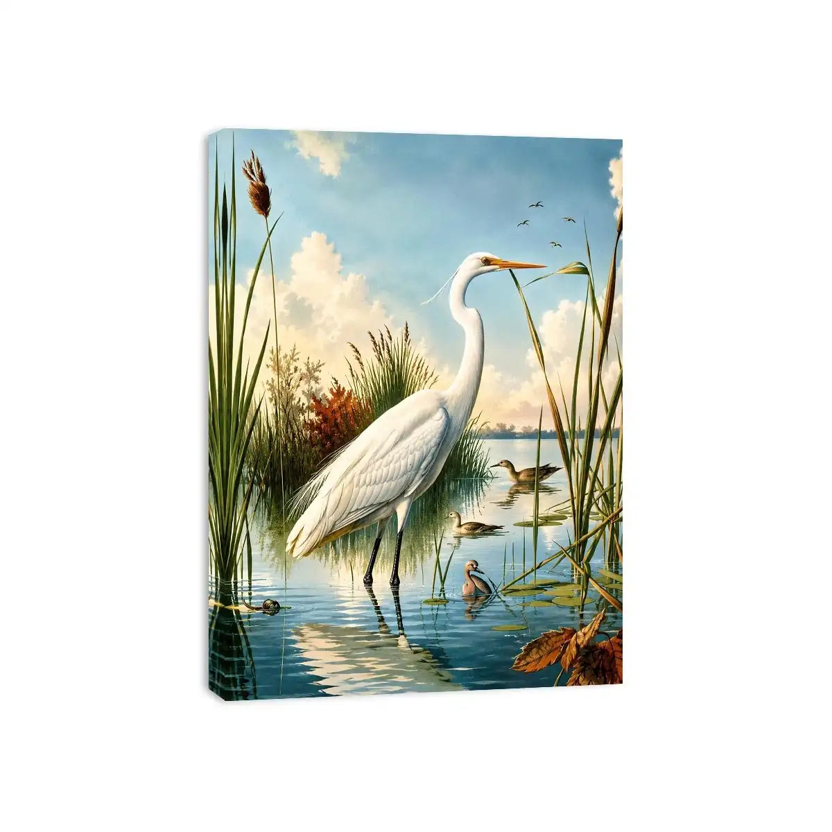 Vintage white heron standing in tranquil marshland with soft blue sky and reeds coastal bird wall art canvas