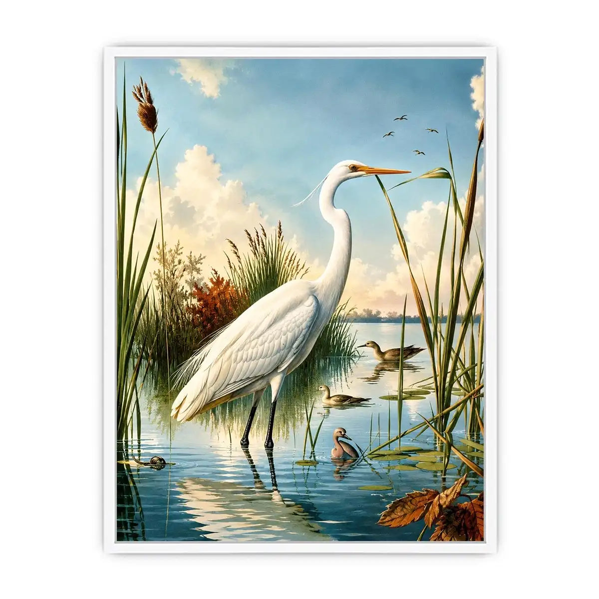Vintage white heron standing in tranquil marshland with soft blue sky and reeds coastal bird wall art canvas