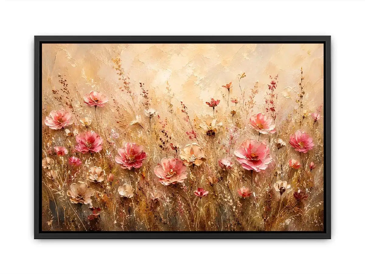 Elegant blush pink wildflower meadow abstract painting with textured neutral background floral wall art canvas