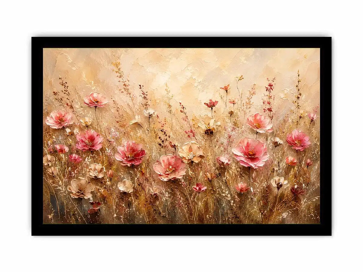 Elegant blush pink wildflower meadow abstract painting with textured neutral background floral wall art canvas