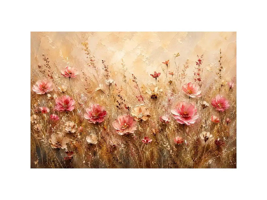 Elegant blush pink wildflower meadow abstract painting with textured neutral background floral wall art canvas