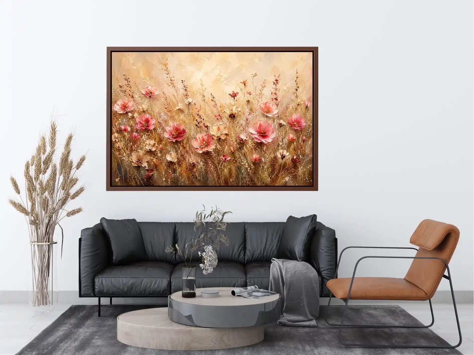 Elegant blush pink wildflower meadow abstract painting with textured neutral background floral wall art canvas