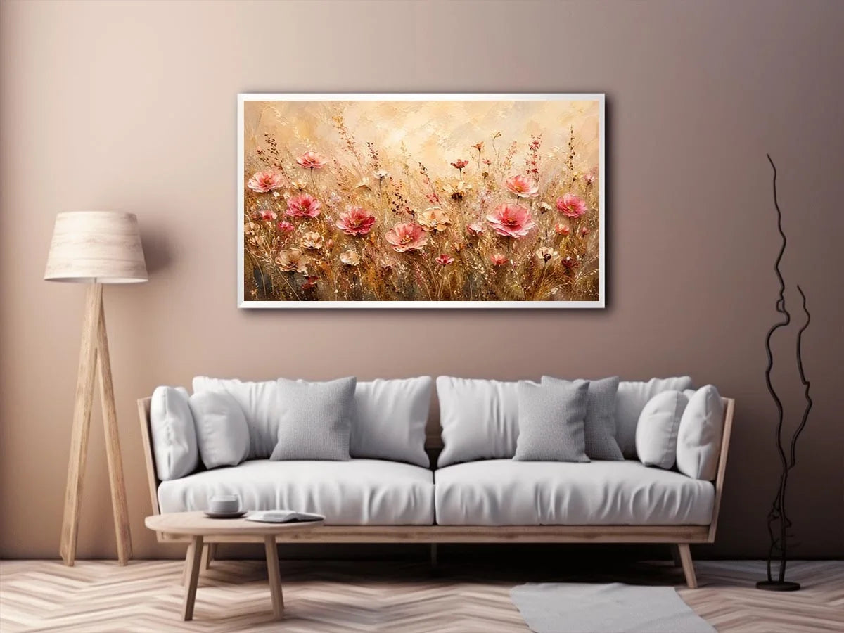 Elegant blush pink wildflower meadow abstract painting with textured neutral background floral wall art canvas