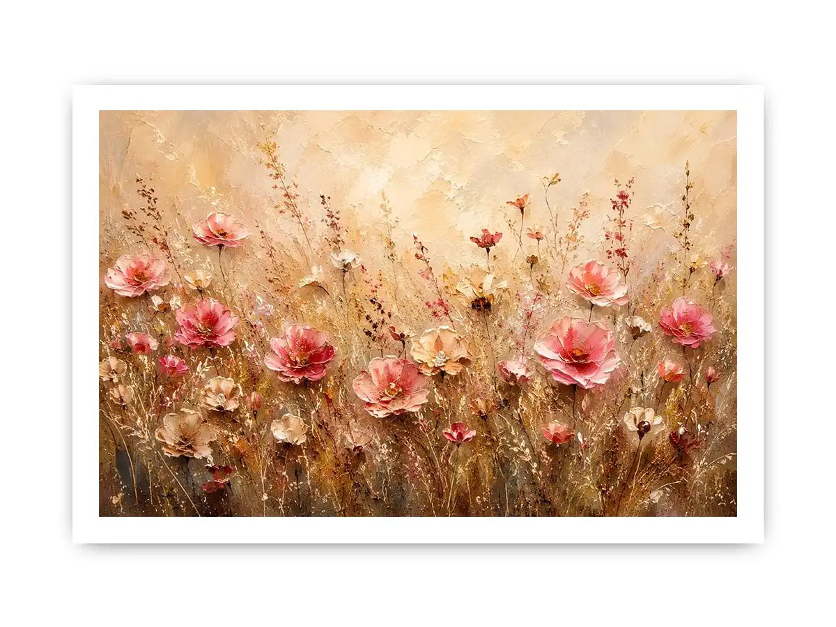 Elegant blush pink wildflower meadow abstract painting with textured neutral background floral wall art canvas