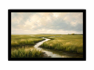 Minimal coastal marsh landscape painting with soft green wetlands and winding water reflections modern wall art canvas