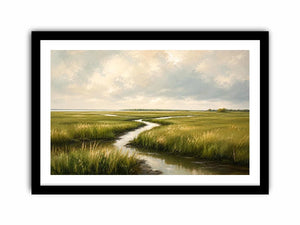 Minimal coastal marsh landscape painting with soft green wetlands and winding water reflections modern wall art canvas