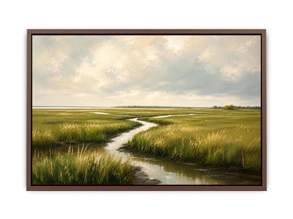 Minimal coastal marsh landscape painting with soft green wetlands and winding water reflections modern wall art canvas