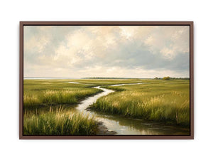 Minimal coastal marsh landscape painting with soft green wetlands and winding water reflections modern wall art canvas
