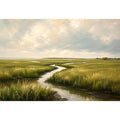 Minimal coastal marsh landscape painting with soft green wetlands and winding water reflections modern wall art canvas