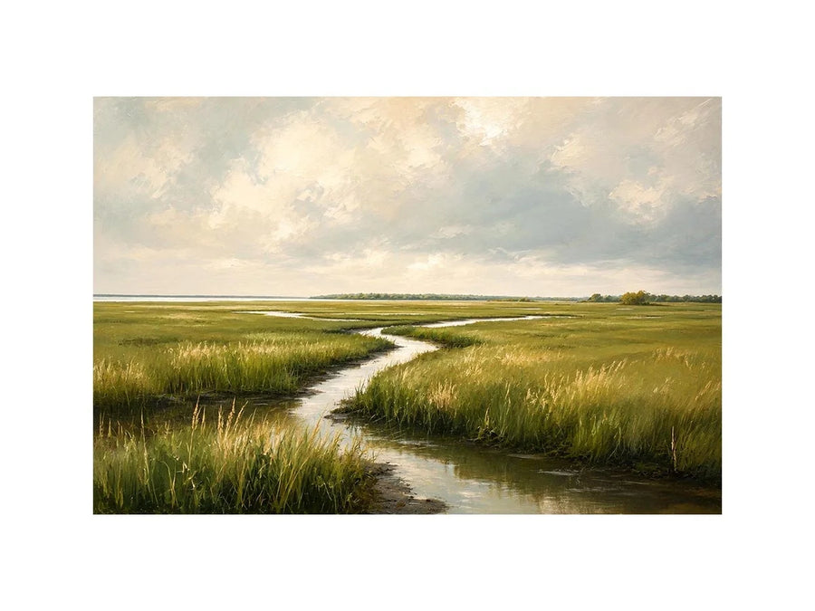 Minimal coastal marsh landscape painting with soft green wetlands and winding water reflections modern wall art canvas