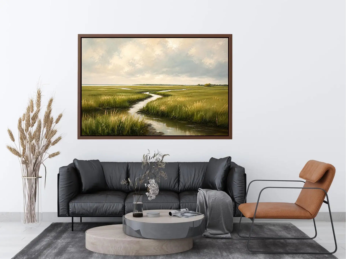 Minimal coastal marsh landscape painting with soft green wetlands and winding water reflections modern wall art canvas