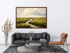 Minimal coastal marsh landscape painting with soft green wetlands and winding water reflections modern wall art canvas