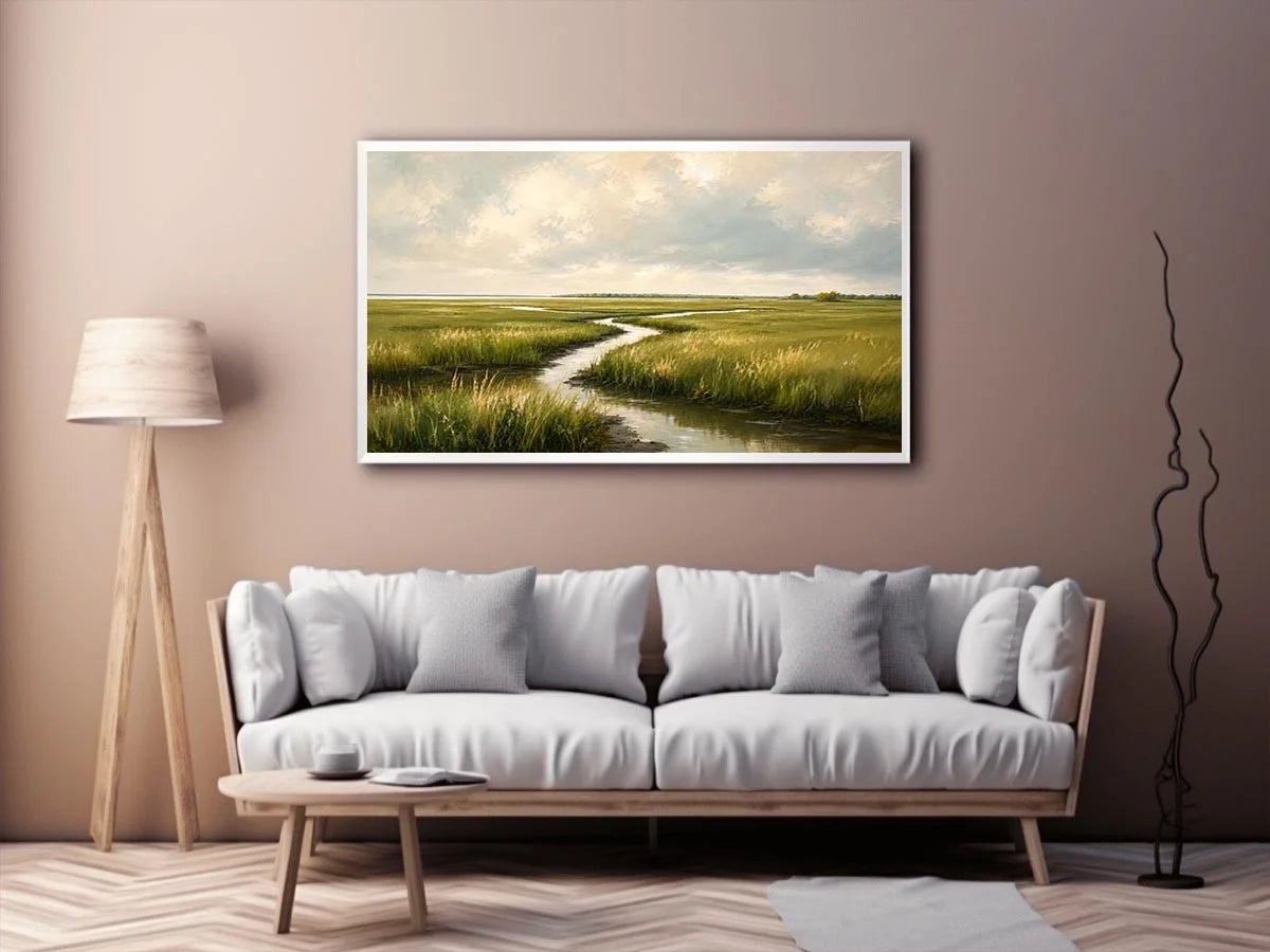 Minimal coastal marsh landscape painting with soft green wetlands and winding water reflections modern wall art canvas