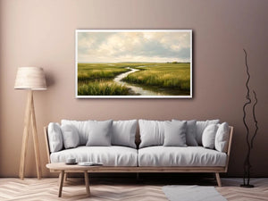 Minimal coastal marsh landscape painting with soft green wetlands and winding water reflections modern wall art canvas