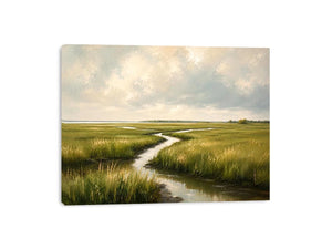 Minimal coastal marsh landscape painting with soft green wetlands and winding water reflections modern wall art canvas