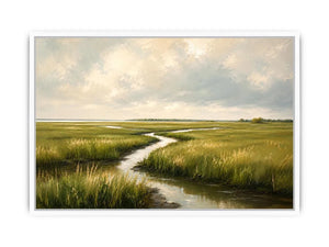 Minimal coastal marsh landscape painting with soft green wetlands and winding water reflections modern wall art canvas
