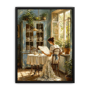 Elegant woman reading by sunlit window in vintage blue interior cozy cottage wall art canvas for luxury home decor