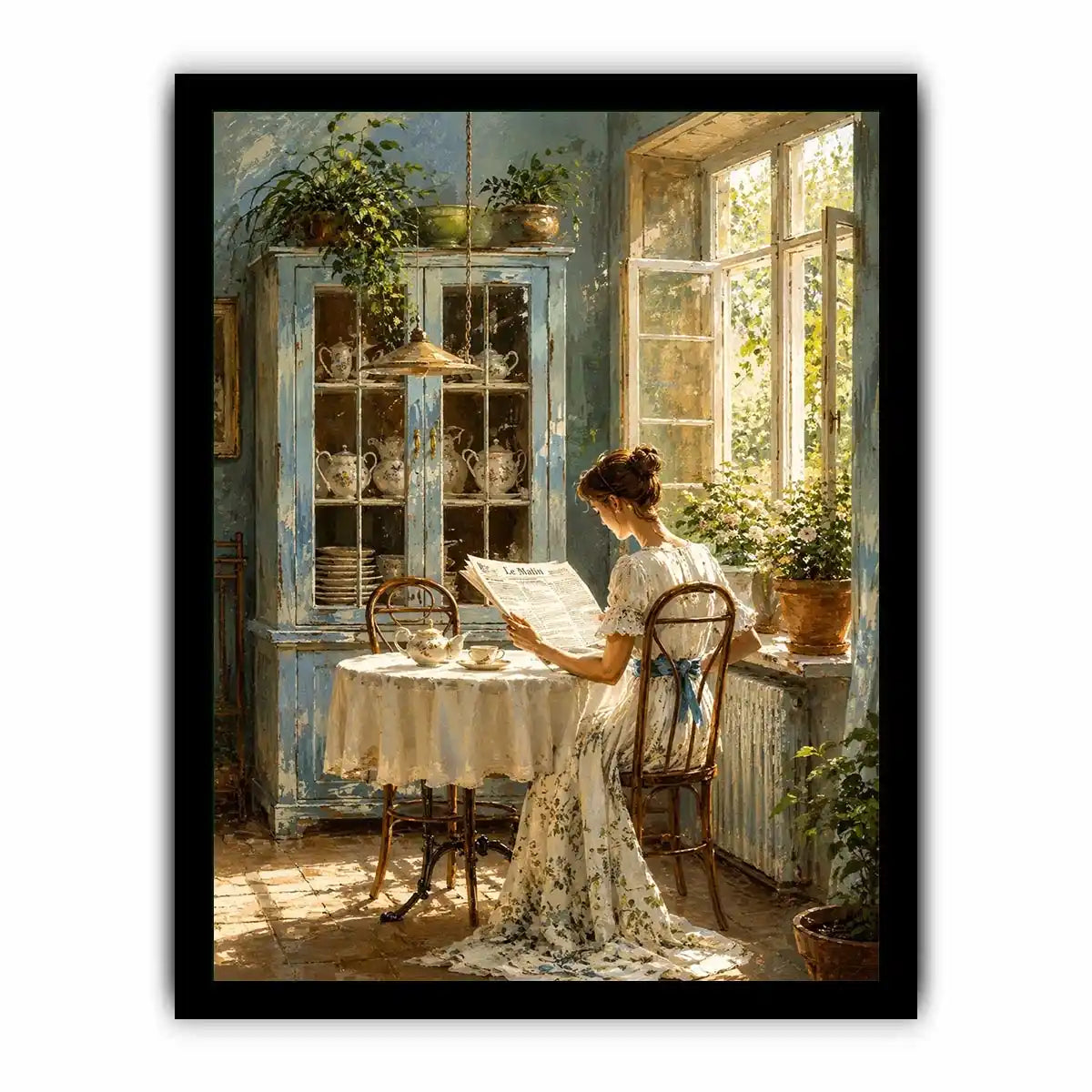 Elegant woman reading by sunlit window in vintage blue interior cozy cottage wall art canvas for luxury home decor
