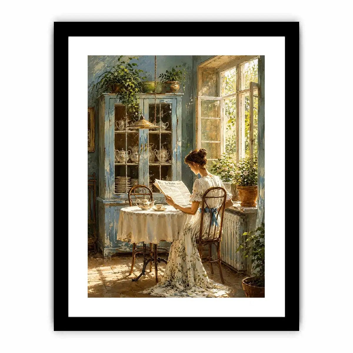Elegant woman reading by sunlit window in vintage blue interior cozy cottage wall art canvas for luxury home decor