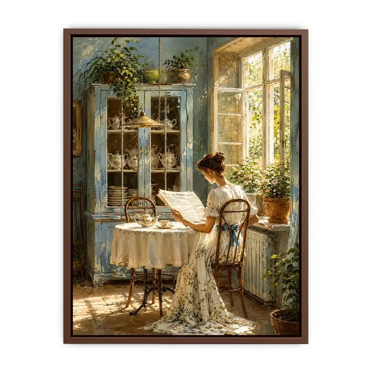Elegant woman reading by sunlit window in vintage blue interior cozy cottage wall art canvas for luxury home decor