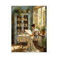 Elegant woman reading by sunlit window in vintage blue interior cozy cottage wall art canvas for luxury home decor