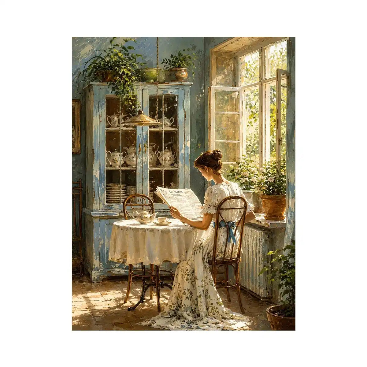 Elegant woman reading by sunlit window in vintage blue interior cozy cottage wall art canvas for luxury home decor