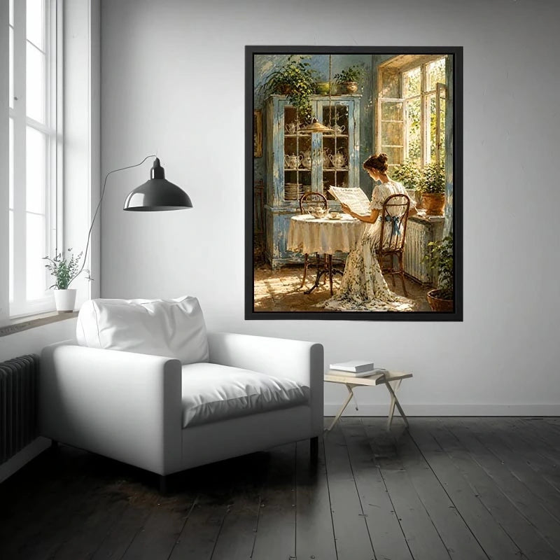 Elegant woman reading by sunlit window in vintage blue interior cozy cottage wall art canvas for luxury home decor