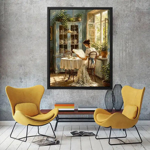 Elegant woman reading by sunlit window in vintage blue interior cozy cottage wall art canvas for luxury home decor
