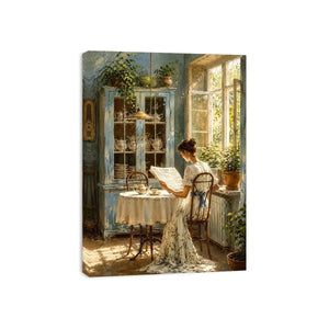 Elegant woman reading by sunlit window in vintage blue interior cozy cottage wall art canvas for luxury home decor