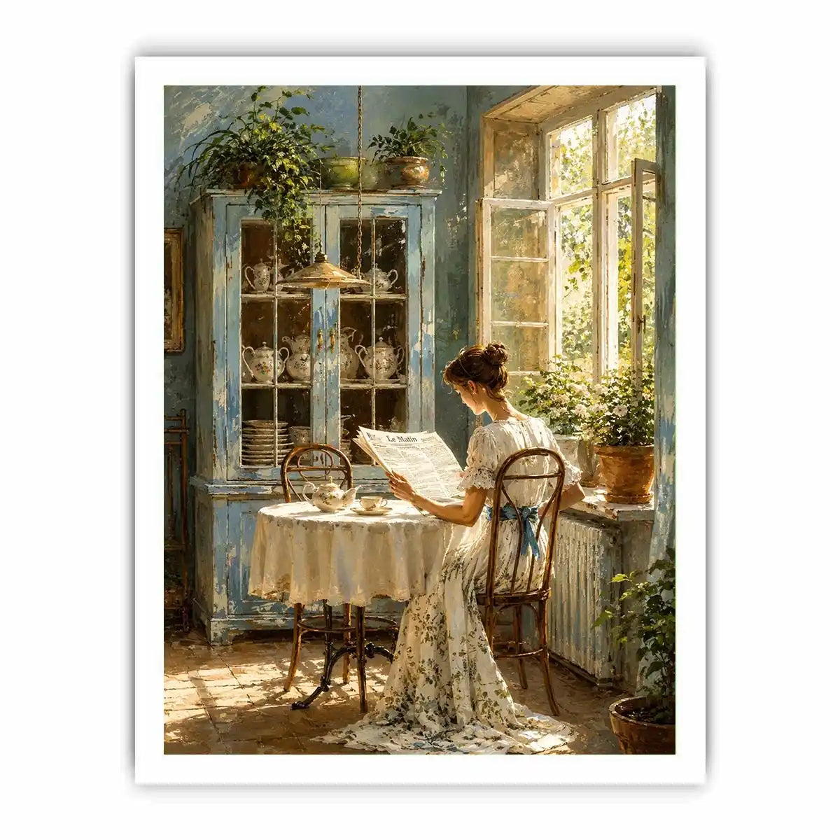 Elegant woman reading by sunlit window in vintage blue interior cozy cottage wall art canvas for luxury home decor