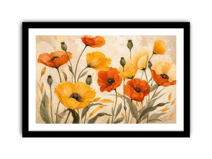Modern orange and yellow poppy flower illustration with soft neutral background botanical wall art canvas