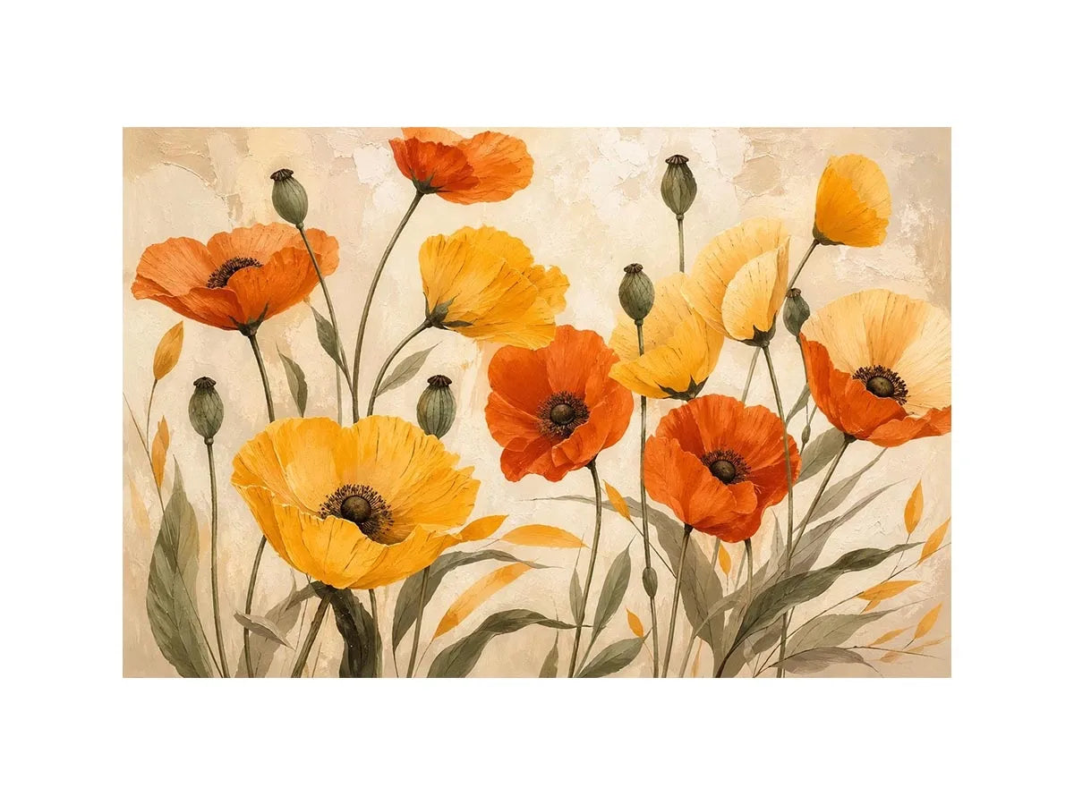 Modern orange and yellow poppy flower illustration with soft neutral background botanical wall art canvas
