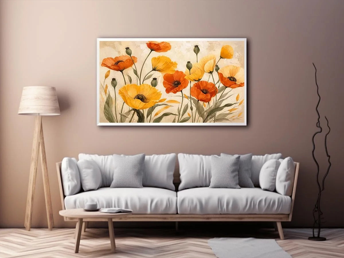 Modern orange and yellow poppy flower illustration with soft neutral background botanical wall art canvas