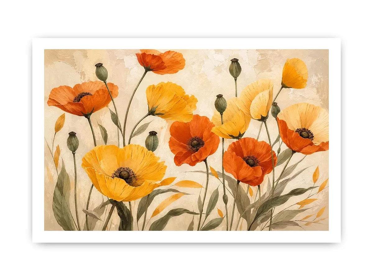 Modern orange and yellow poppy flower illustration with soft neutral background botanical wall art canvas