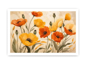 Modern orange and yellow poppy flower illustration with soft neutral background botanical wall art canvas