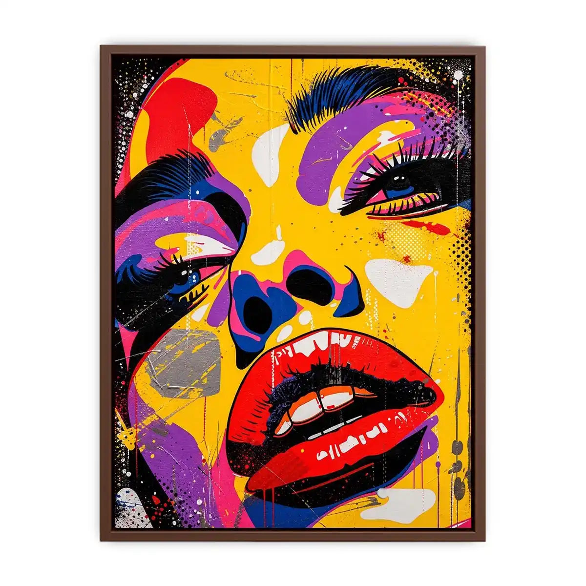 Bold pop art woman face painting canvas, colorful modern graffiti portrait wall art for living room statement decor