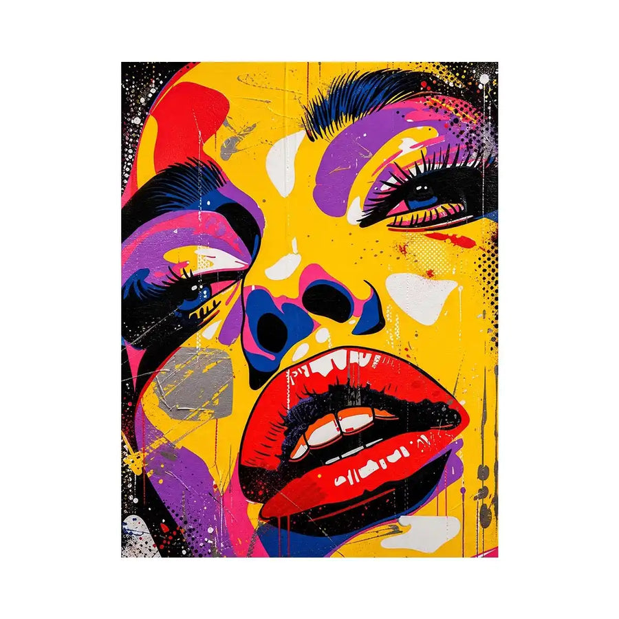 Bold pop art woman face painting canvas, colorful modern graffiti portrait wall art for living room statement decor