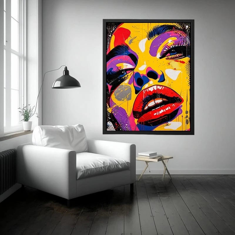 Bold pop art woman face painting canvas, colorful modern graffiti portrait wall art for living room statement decor