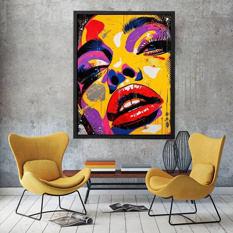 Bold pop art woman face painting canvas, colorful modern graffiti portrait wall art for living room statement decor