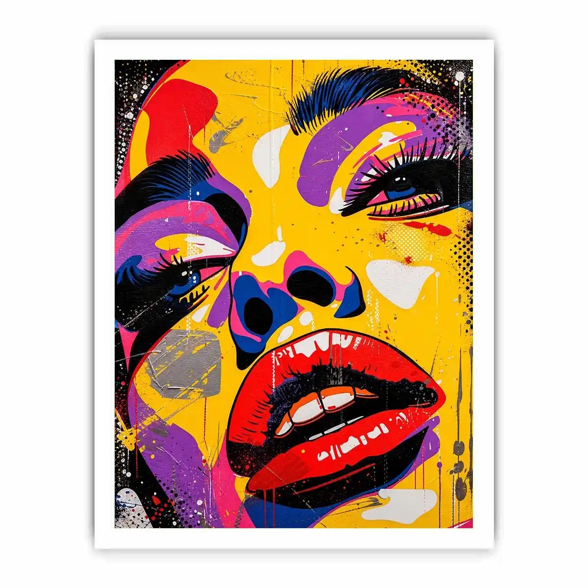 Bold pop art woman face painting canvas, colorful modern graffiti portrait wall art for living room statement decor
