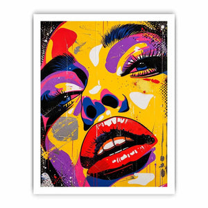Bold pop art woman face painting canvas, colorful modern graffiti portrait wall art for living room statement decor