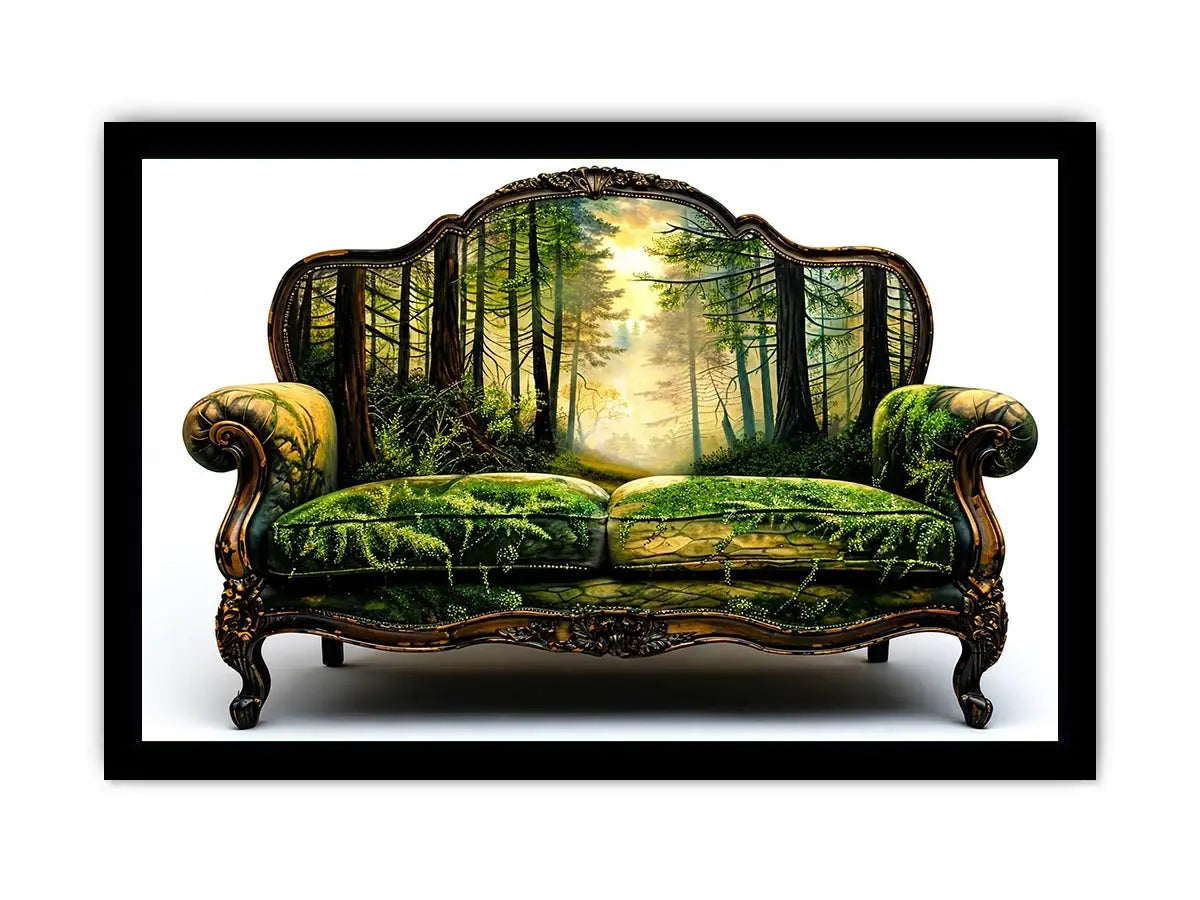 Surreal vintage sofa with enchanted forest landscape integrated into upholstery design