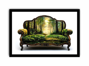 Surreal vintage sofa with enchanted forest landscape integrated into upholstery design