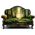 Surreal vintage sofa with enchanted forest landscape integrated into upholstery design