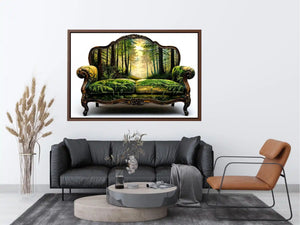 Surreal vintage sofa with enchanted forest landscape integrated into upholstery design
