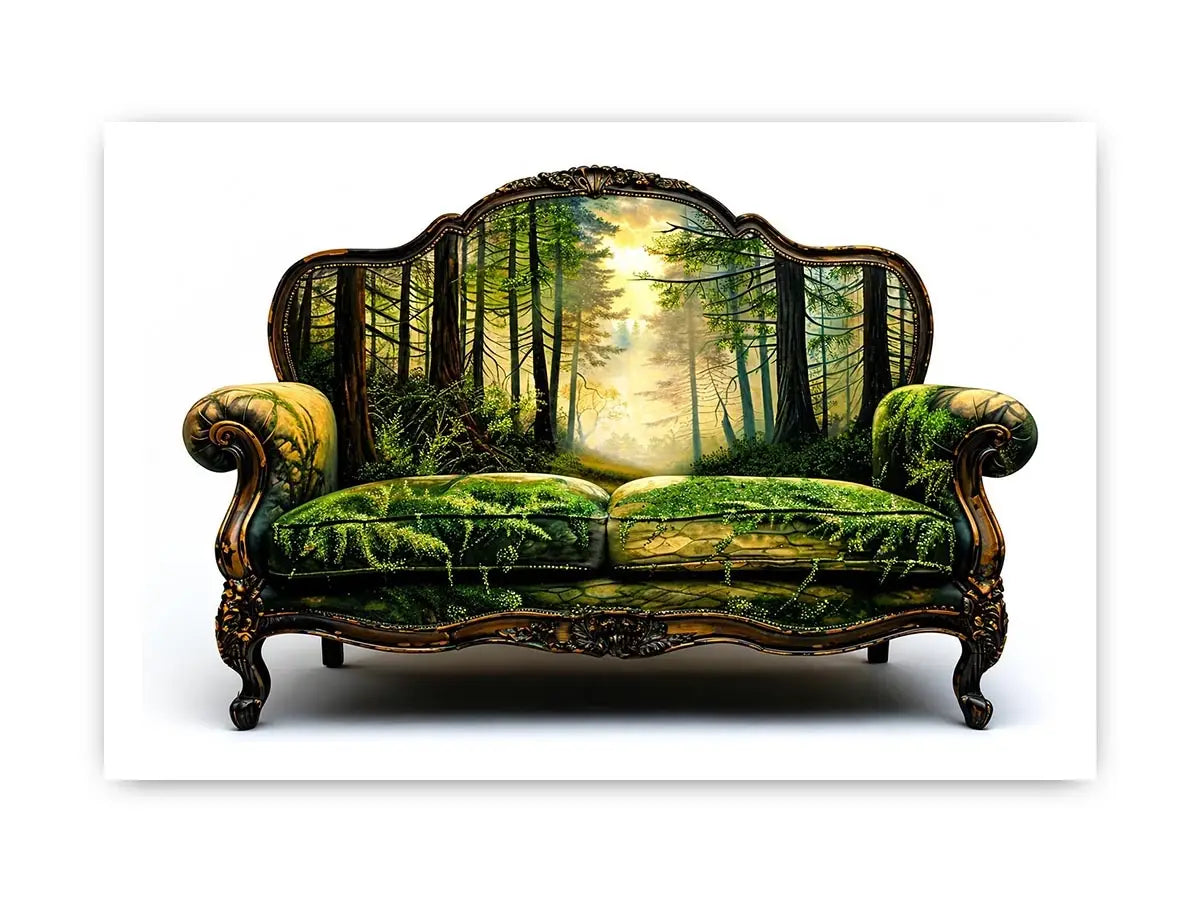 Surreal vintage sofa with enchanted forest landscape integrated into upholstery design
