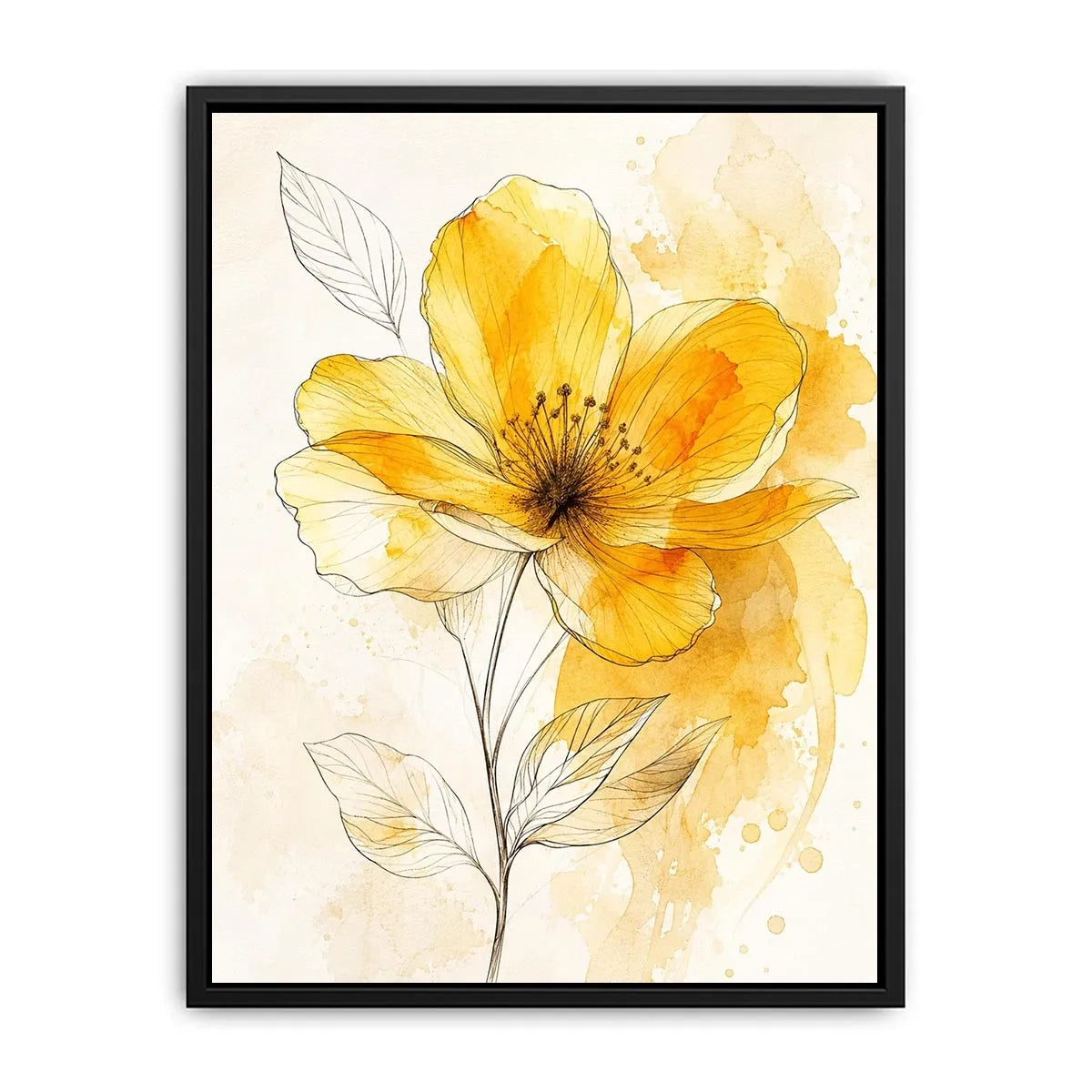 Elegant yellow watercolor flower with delicate botanical line art minimal floral wall art canvas